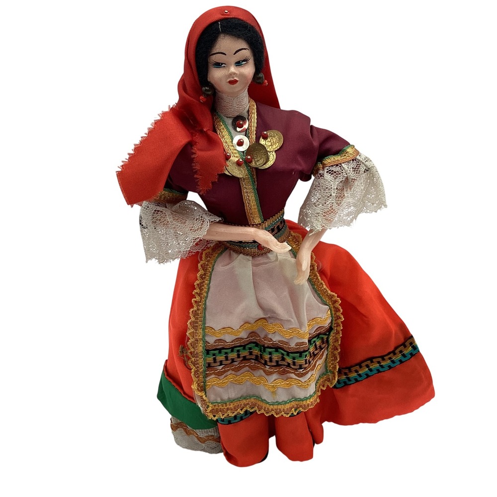 Vintage Greek Souvenir Doll Traditional Folk Costume Lace Coin Detail Red Dress